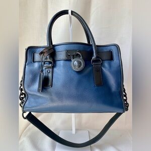 Michael Kors Hamilton French Binding Leather East/West Satchel Bag Blue Purse